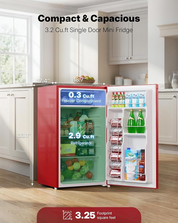 Upstreman 3.2 Cu.Ft Mini Fridge with Freezer, Red-BR321 | Adjustable Thermostat, Energy Saving, Low Noise, Reversible Door, Small Refrigerator for Dorm, Bedroom, Office - Image 2