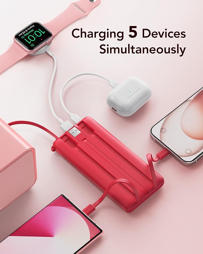 VRURC Portable Charger, 10000mAh Power Bank Built in Cables for iPhone, Slim Compact Travel Essential, 5 Outputs 2 Inputs USB C Battery Pack for iPhone 17 16 15 14 13, Samsung, Android etc-Magenta - Image 3