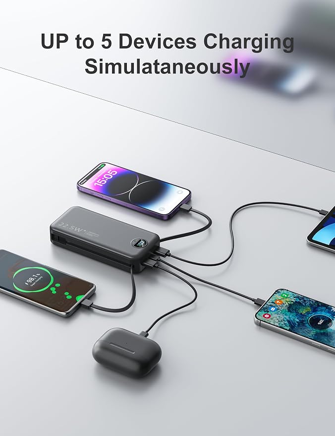 20000mAh Ultra-Portable-Charger-Power-Bank with Built in Cables&AC Wall Plug,PD20W USB-C Fast Charging Cell Phone Charger Battery Pack,LED Display Travel Battery Bank for All iPhone,Samsung,Android - Image 7
