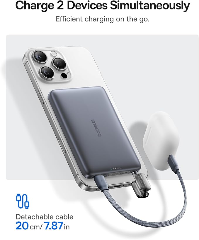 Baseus Picogo Qi2 15W Magsafe Portable Charger, 0.5" Ultra Slim 10000mAh Wireless Power Bank with 27W Built-in USB-C Cable, Magnetic Battery Pack for iPhone 17 Pro Max/17 Pro/Air/16/15/14/13/12 - Image 6