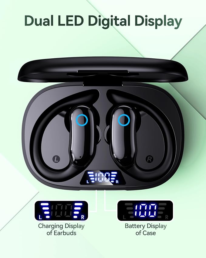 GNMN Active Noise Cancelling Ear Buds Wireless Earbuds 96hrs Playback Bluetooth Headphones Dual Battery Display Stereo Bass Earphones with Earhooks Microphone IPX7 Waterproof for Sports/Runing/Workout - Image 4