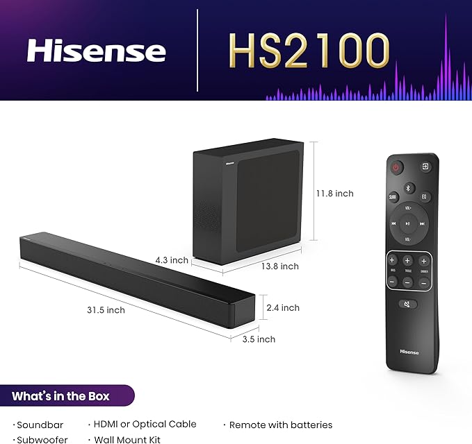 Hisense HS2100 2.1ch Soundbar with Wireless Subwoofer, Dolby Audio, DTS Virtual:X, HDMI ARC, Bluetooth 5.3, Remote Control, 6 EQ Modes - Image 2