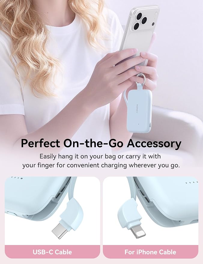 RORRY Portable Charger, 10000mAh PD 30W Fast Charging Portable Charger Power Bank with Built-in Cables, Travel Keychain Charger Battery Pack for iPhone 17/16/15/14/13/12, for AirPods 2/3/4/Pro, Blue - Image 2