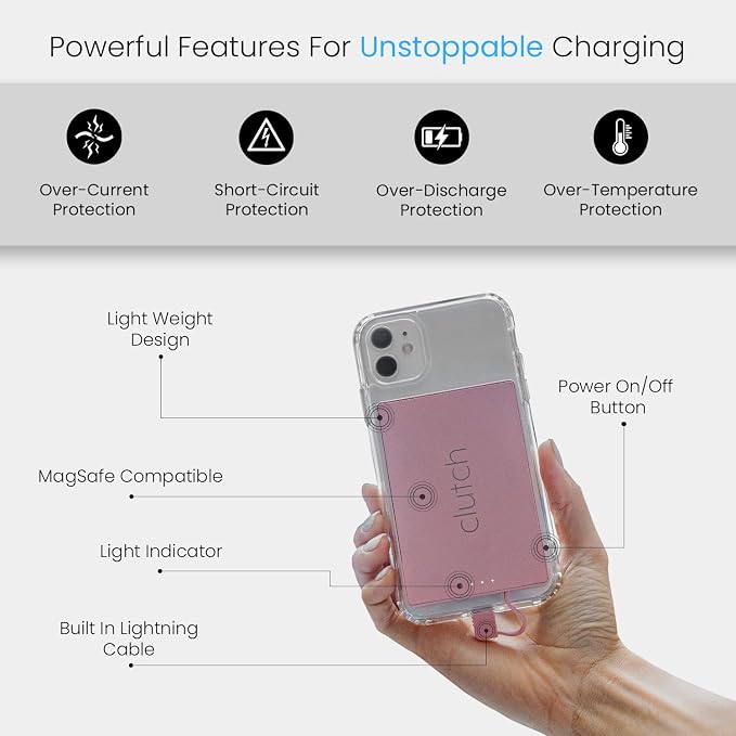 Clutch Pro – World's Thinnest iPhone Charger – Portable Power Bank 5000mAh – Magnetic Built-in Lightning Cable – TSA Approved Travel Charger – iPhone 14 & Earlier – Pink - Image 4