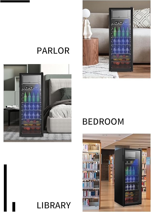 Beverage Refrigerator Cooler 180 Can Freestanding Beverage Cooler with Adjustable Shelving Glass Door for Beer Soda or Wine for Home Office or Bar - Image 3