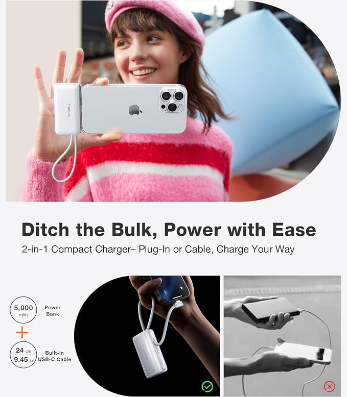 TORRAS iPhone 16 Portable Charger, 5000mAh 22.5W Power Bank with Built-in USB-C Cable, Fast Charge Battery Pack for iPhone 17/16/15, Galaxy S25, Google for Travel Outdoor Hiking Backup Battery, White - Image 4