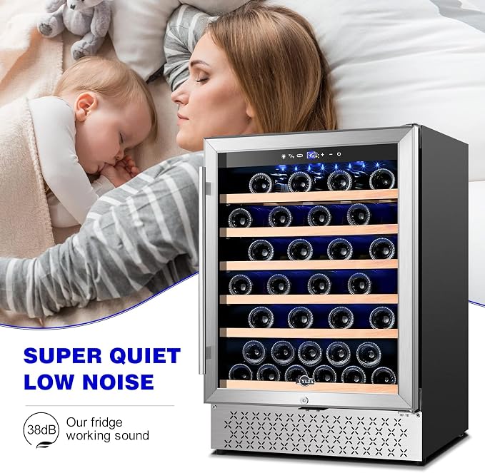 24 Inch Wine Fridge, 54 Bottles Wine Refrigerator, Under Counter or Freestanding, 40-65°F, Lock, Double Layer Tempered Glass Door, Wine Cooler Refrigerator with Adjustable Wooden Shelves - Image 4
