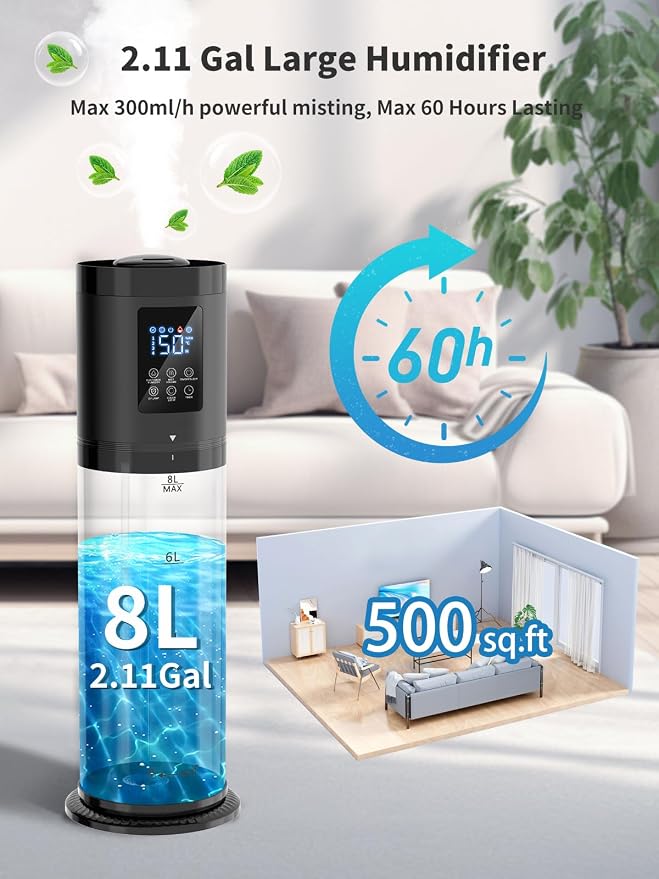 8L Humidifiers for Bedroom, 30dB Quiet, 500ft² Coverage, 60H Runtime, Top Fill, 3-in-1 Humidifier Large Room & Essential Oil Diffuser & Ambient Light, Sleep Mode, 16H Timer, Auto Shutoff Protection - Image 2