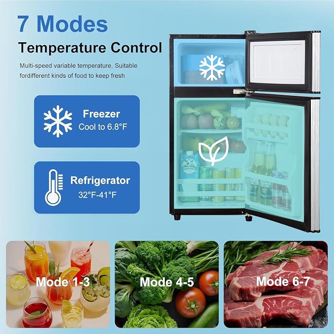 3.2 Cu.Ft Mini Fridge with Freezer, 7-Level Cooling Small Refrigerator | Energy Efficient Low Noise, Double Door Compact Fridge for Dorm, Bedroom, Office - Silver - Image 4