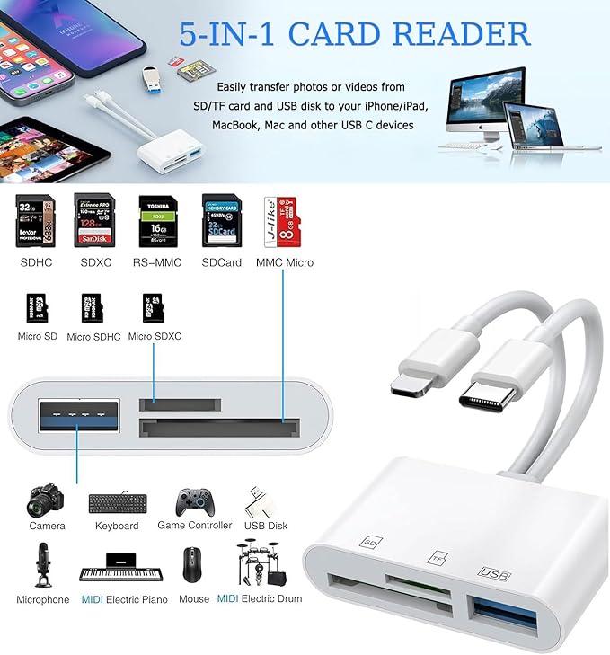 USB C SD Card Reader for iPhone, Lightning Dual Port SD Card Adapter, Memory - Image 2