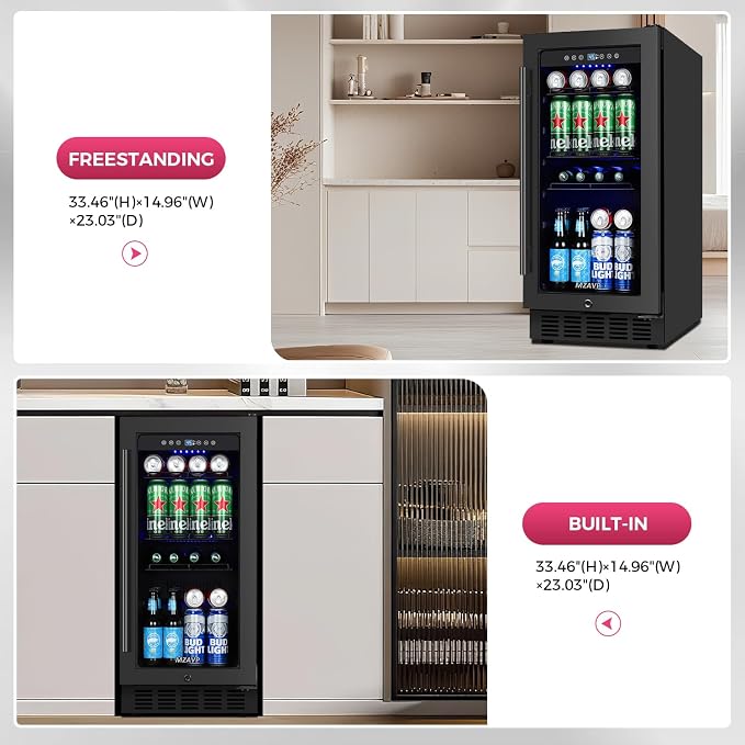 15 Inch Beverage Cooler Refrigerator, 15" Beverage Cooler Under Counter 130 Cans Beverage Fridge with Glass Door, Freestanding or Built-In Mini Drinks Fridge with Lock for Soda, Beer, Black - Image 7