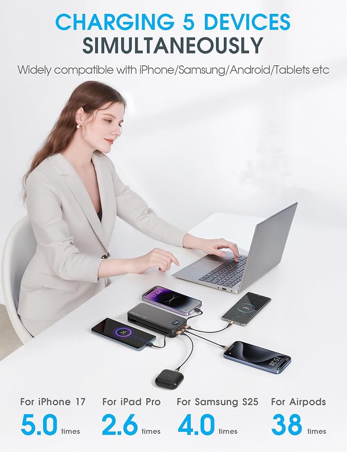 citicr Portable Charger Power Bank, 20000mAh PD20W USB C Fast Charging with Built-in Cables & Wall Plug, External Battery Bank with LED Display, Travel Essential for iPhone, iPad, Samsung Black - Image 5
