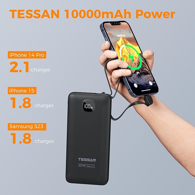 TESSAN Portable Charger with Built in Cables, 10000mAh Power Bank Fast Charging with Foldable AC Plug, PD20W Compact Battery Pack Travel Essentials for iPhone 17/16/15 Series, Samsung, Tablets, Black - Image 4