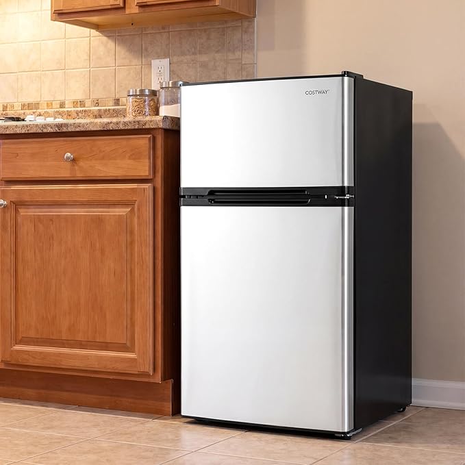 COSTWAY 3.2 Cu.Ft. Mini Fridge with Freezer, 2 Door for Office Bedroom Dorm | Compact Small Refrigerator with Reversible 2 Door, Adjustable Thermostat, Removable Glass Shelves for Food & Drink, Silver - Image 2