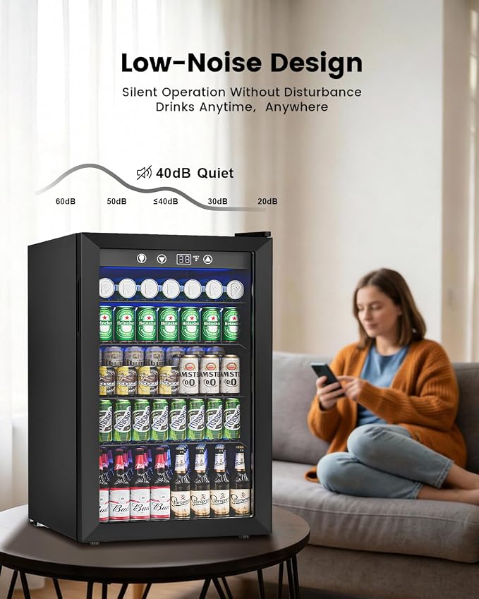 Feelfunn 4.5Cu.Ft Beverage Refrigerator 145Can Mini Fridge Glass Door Black | 32-61°F temp range, ultra-quiet <42dB, holds 145 cans, 4 adjustable shelves. Ideal for bedroom, office, home bar - Image 5