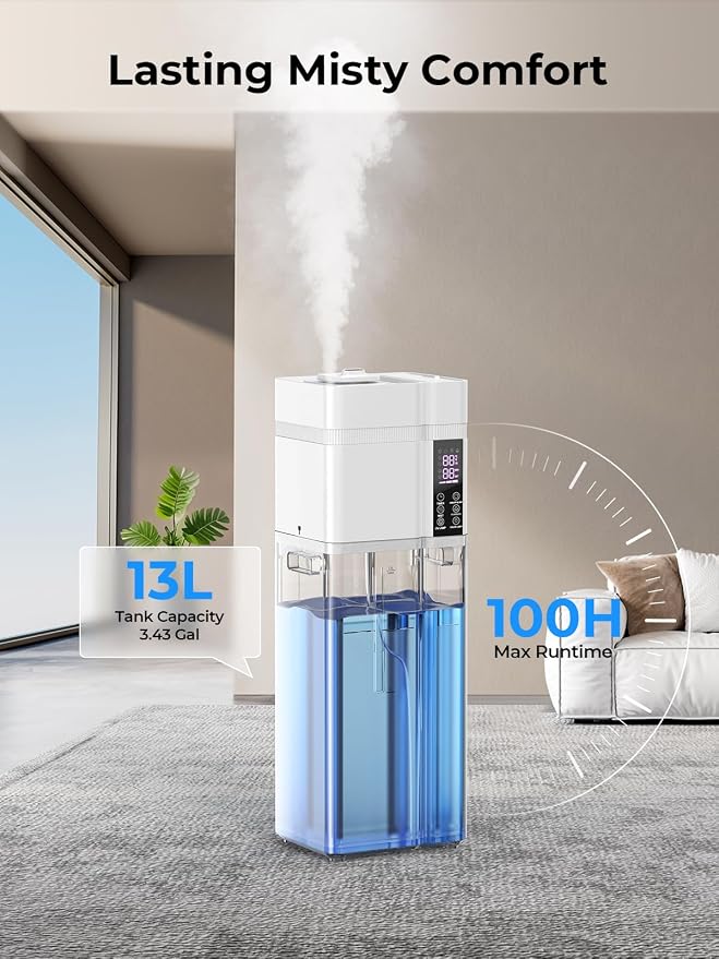 13L/3.43Gal Humidifier Large Room, 800ft² Coverage, 100H Runtime, Auto Humidity Control, Top Fill, Humidifiers for Bedroom, 35dB Quiet, Sleep Mode, Aroma Diffuser, 24H Timer, Auto Shut-off Protection - Image 3