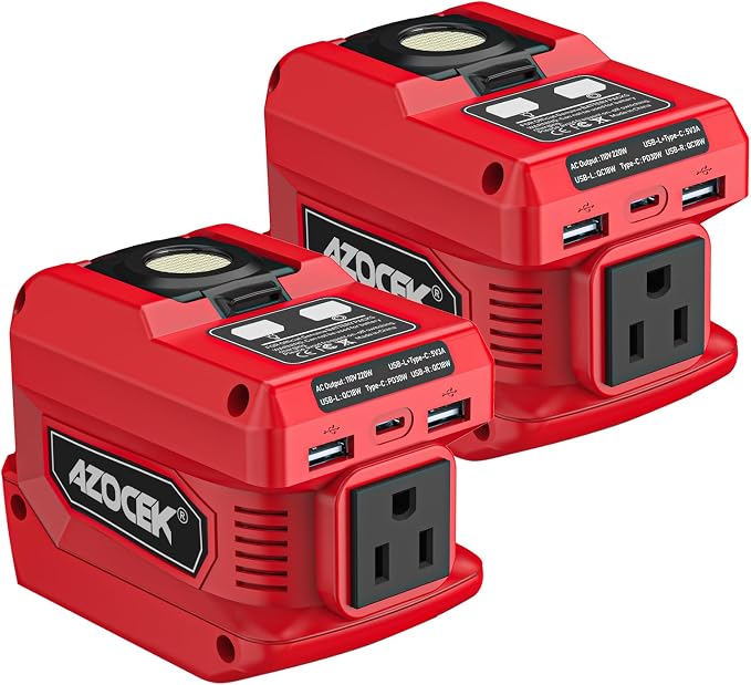 220W Azocek Power Inverter Compatible with Milwau-kee 18V Battery, DC 18V to AC 110V Portable Power Station with 1 AC Outlet, 2 USB Ports & 1 Type-C Fast Charging, 400LM LED Work Light (2-Pack) by Azocek