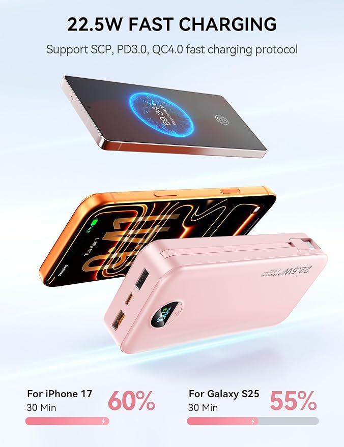Portable Charger, 20000mAh 22.5W Fast Charging Power Bank with Built-in Cables & Wall Plug, USB C External Battery Pack with LED Display, Travel Essentials Phone Charger for iPhone iPad Samsung Pink - Image 4