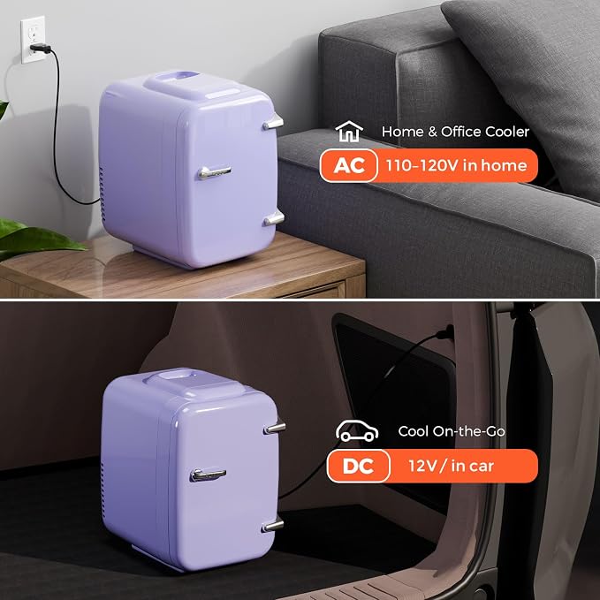 OSTBA Mini Fridge, 4 Liter/6 Can Mini Makeup Fridge, 110V AC/ 12V DC Portable Thermoelectric Cooler&Warmer for Skincare, Drink, Cosmetic, Medicine, Small fridge for Bedroom, Office, Dorm, Car, Purple - Image 7