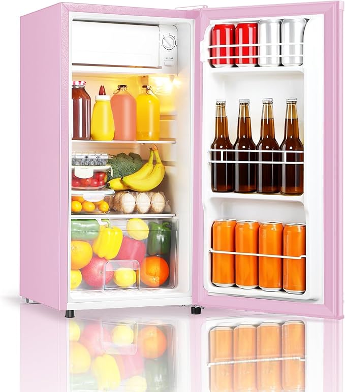 Seaoola Mini Fridge with Freezer, Single Door 3.1 Cu.Ft, Compact Mini Refrigerator, LED Light, Adjustable Thermostat, Removable Glass Shelves, Small Refrigerator for Dorm/Office/Bedroom(Pink) by Saeoola