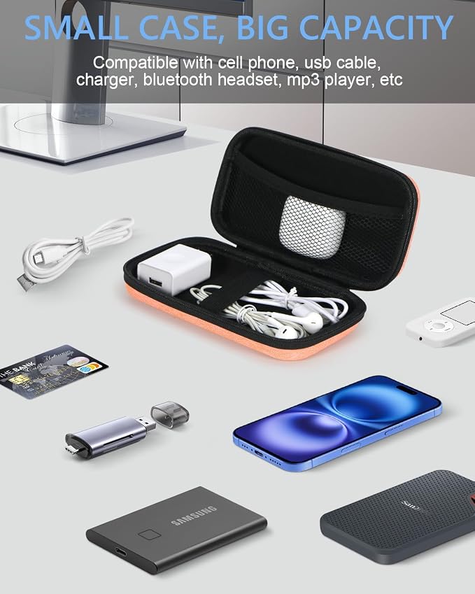 Light-Orange Small Carrying Case Universal Travel Case for Sandisk, Samsung SSD, Earbuds, Cable, Hard Disk, MP3 Player - Portable Storage Pouch Bag - Shockproof Electronic Accessories Organizer - Image 3