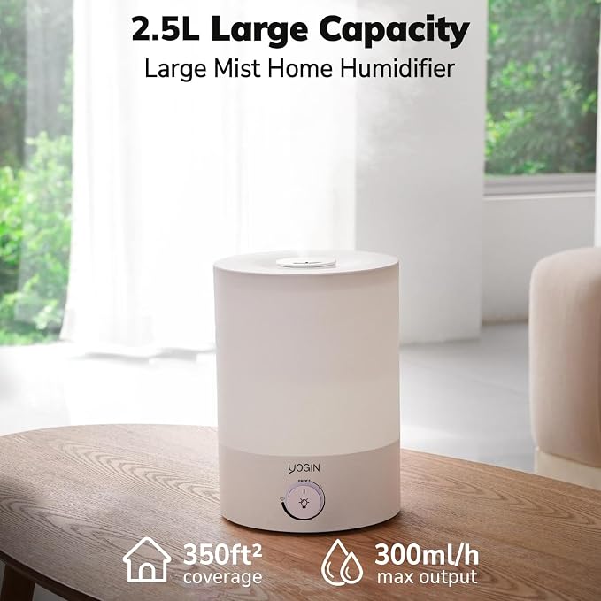 YOGIN Humidifiers for Bedroom Large room,Top fill 2.5L Ultrasonic cool mist Humidifiers for Baby Nursery and Plants,Up to 24 Hours, 24db Quiet,Night Light, Auto Shut Off, Easy Clean Humidifier - Image 2
