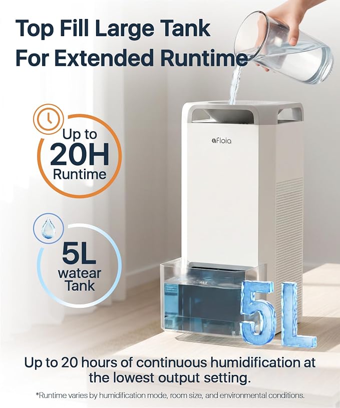 Afloia Humidifier for Bedroom Large Room - Mist Free Evaporative 2 in 1 Humidifier and Air Purifier in One Combo for Home with Top Fill 5L Tank/Humidity&Air Quality Sensor/2-24H Timer - Image 6
