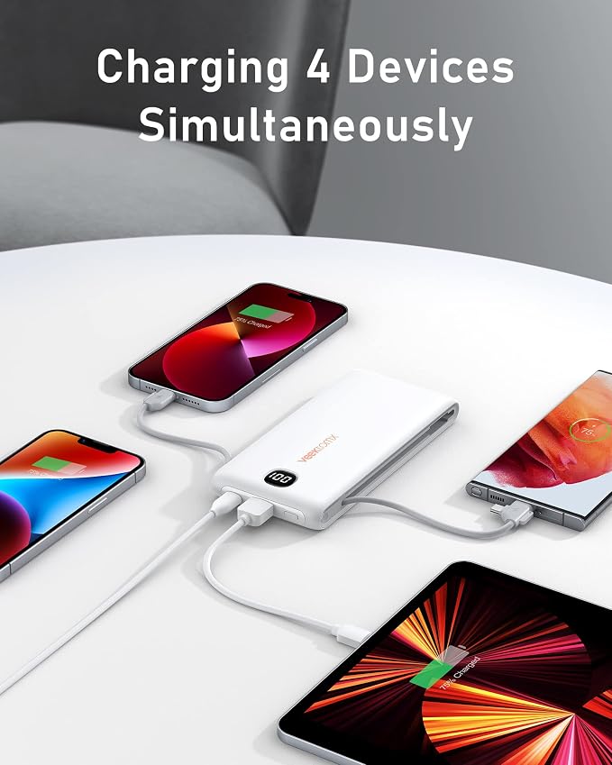 VEEKTOMX Portable Charger with Built in Cables 10000mAh, Power Bank for iPhone with AC Wall Plug, Fast Charging USB C Slim Battery Pack with LED Display Compatible with iPhone 17/16/15/14, Samsung - Image 5