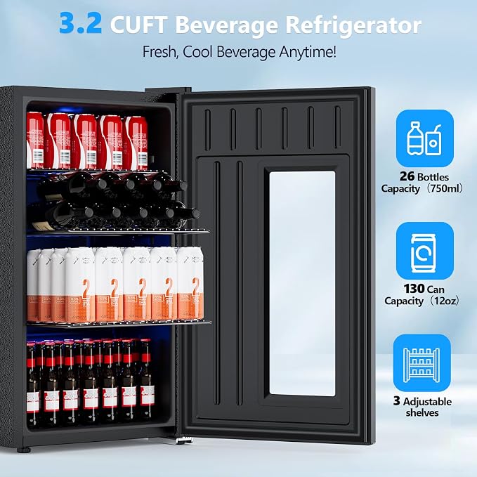 Electactic Beer Cooler 3.2 Cuft, 130 Can Beverage Refrigerator with Adjustable Shelves, Accurate Temperature 20°F-50°F Even Cooling for Home Bar, Game Day, Mancave, Black - Image 2