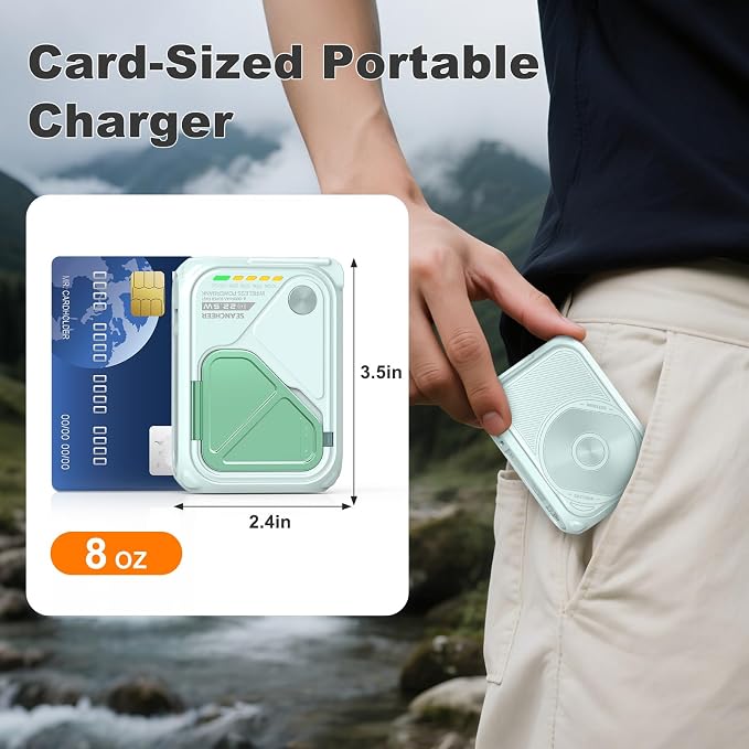 SEANCHEER P05 Portable Charger, Magnetic Power Bank, Small PowerBank, Battery Pack10000mAh Travel Essentials Fast Charging with Built in Cable, Foldable Wall Plug for iPhone,Samsung,Andriod (Green) - Image 5