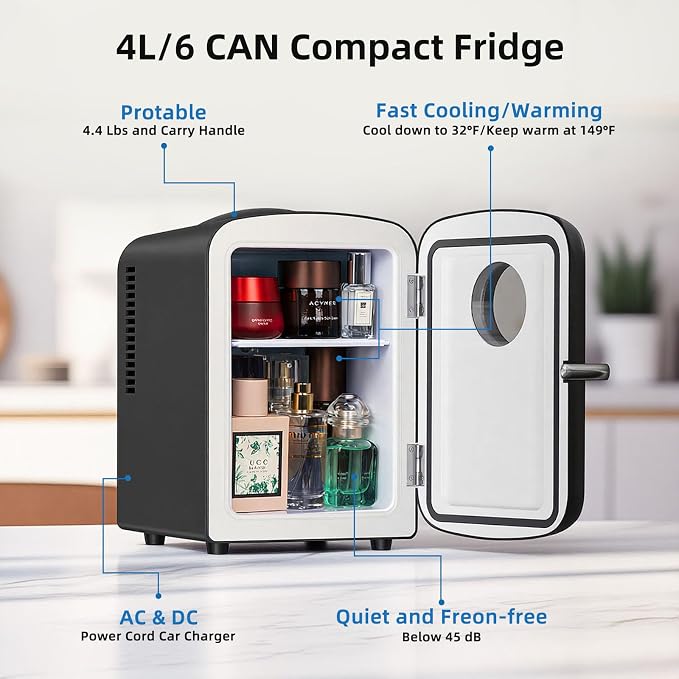 Antarctic Star Mini Fridge, 4L Capacity/6 Cans Portable Cooler and Warmer Compact Refrigerator, for Bedroom,Car,Office and Dorm, Small Cooler and Warmer for Cosmetics, Beverage and Food, Black - Image 2