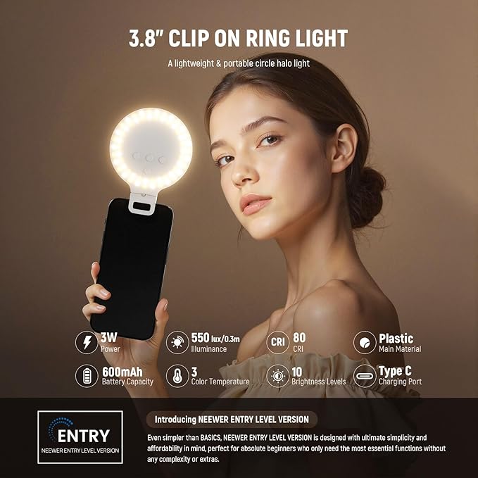 NEEWER Entry Level Version 3.8" Ring Light, 3W Clip on Phone Selfie Lighting - Image 2