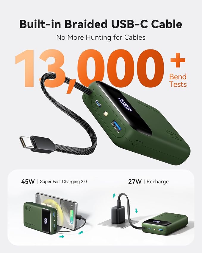 INIU 20000mAh Power Bank, Small Portable Charger, 45W PD Fast Charging Battery Pack with Build in USB-C Cable, Travel Phone Charger for iPhone 17 16 15 14 Air Samsung S25 S24 Google iPad Xiaomi, Green - Image 4