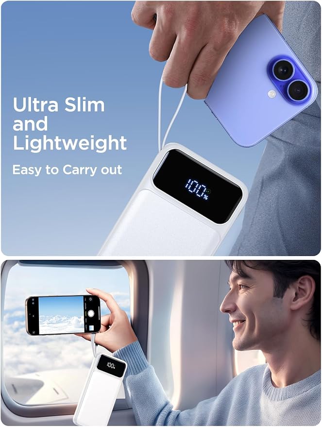 Power Bank, Portable Charger with Built in Cable 22.5W Fast Charging Battery Pack 10000mAh Slim 6 Outputs 3 Inputs LED Display Phone Charger for iPhone Samsung Pixel Moto iPad Travel Essential Gift - Image 5