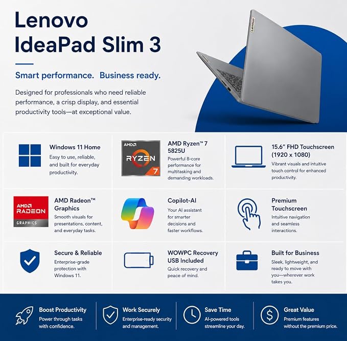 Lenovo Slim 3 Touchscreen Business Laptop, Ryzen 7 5825U Processor (Beats i7-1355U), 15.6" FHD LED Display, 16GB RAM, 512GB PCIe SSD, SD Card Reader, WiFi 6, Windows 11, WOWPC Recovery USB - Image 2