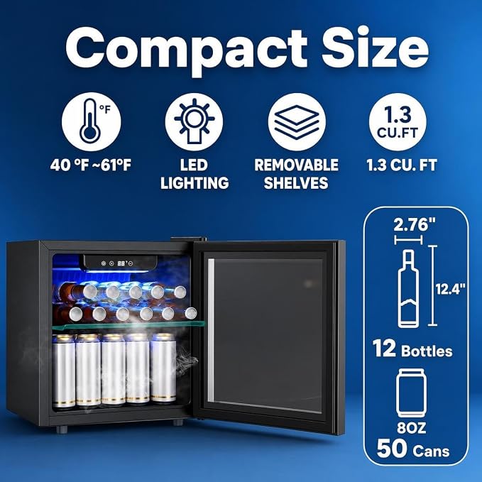 COWSAR Beverage Refrigerator, 50 Cans Wine Cooler, ETL Approved 1.3 Cu.ft Mini Fridge with Glass Door, Adjustable Shelves, Digital Temperature Freestanding Small Drink Fridge for Soda Beer or Wine - Image 2