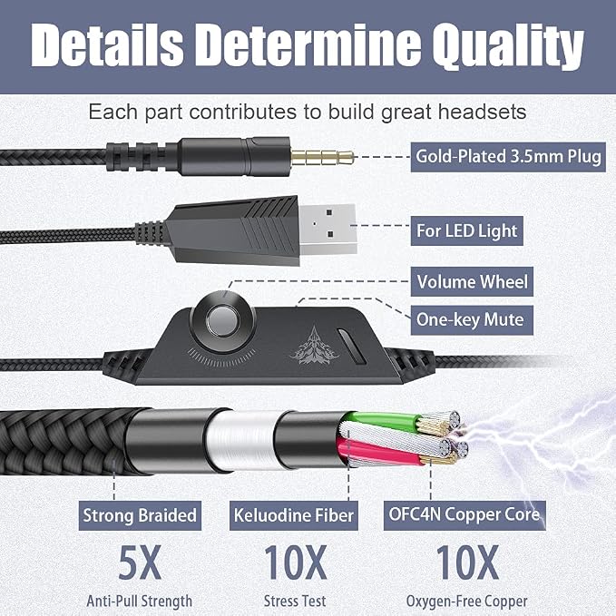 BENGOO Pro Gaming Headset for PS4 PS5 PC Xbox One Controller, Noise Cancelling Over Ear Headphones with Mic, LED Light, Bass Surround, Soft Memory Earmuffs for Laptop Mac - White - Image 5