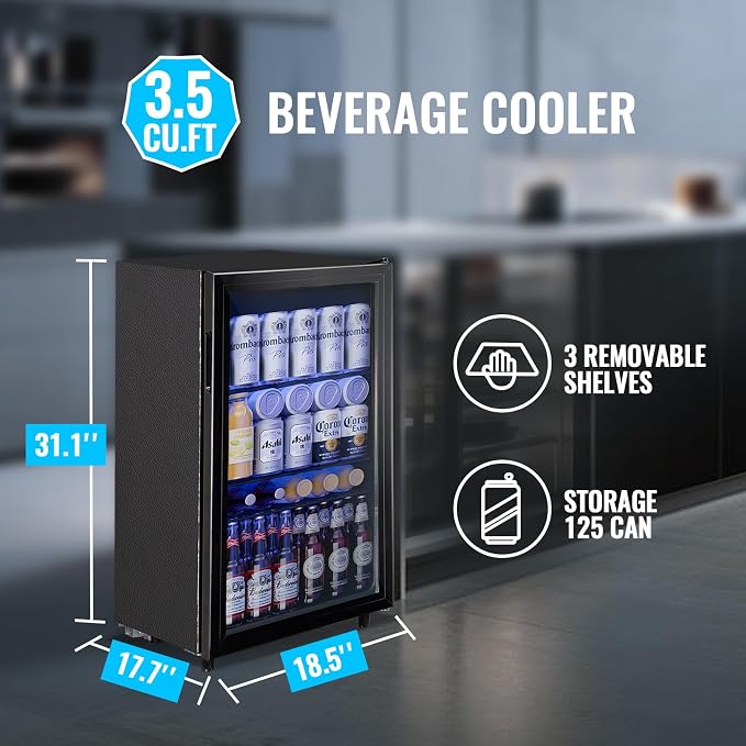 3.5 CU.FT Beverage Fridge Mini Refrigerator Soda Cooler Glass Door Featuring LED Light & Adjustable Shelves,7 Modes Ideal for Apartment, Office, Dorm - Image 3