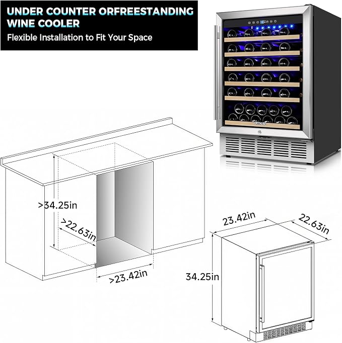 24 Inch Wine Fridge, 54 Bottle Wine Cooler Refrigerator with Stainless Steel Glass Door, LED Display, Upgraded Compressor, Built-In or Freestanding for Home Bar Kitchen - Image 7
