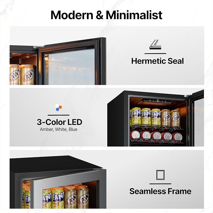 Ca'Lefort 85 Cans Mini Fridge, Beverage Refrigerator Cooler for Drink, Beer | 2.18 Cu.ft, Low-noise, Reversible Glass Door, 3-Color LED Lighting, Adjustable Shelves, 34℉ to 54℉ - Image 7