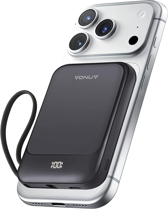 Magnetic Power Bank 10000mAh, Wireless Portable Charger with 15W Max Fast Charging & Built-in USB-C Cable, 22.5W PD LED Display Battery Pack Compatible with iPhone 17/16/15, Samsung Galaxy by VONUV