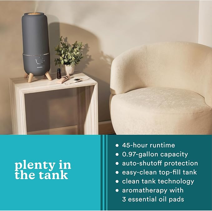 Homedics Ultrasonic Humidifier, Bedrooms and Home Offices, 0.97-Gallon Tank, 45-Hour Runtime, Visible Ultra-Quiet Cool Mist, Aromatherapy, Demineralization Cartridge, Night-Light, Auto-Off, Platinum - Image 6