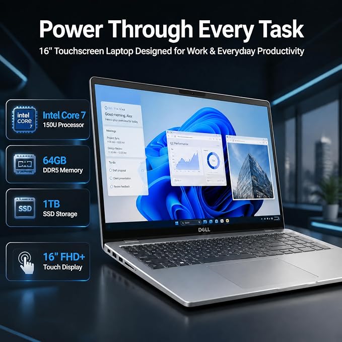 Dell 16 DC16251 Touchscreen Laptop, Intel 10-Core Core 7 150U (Up to 5.4 GHz), 16" FHD+ IPS 300 Nits Display, 64 GB DDR5 RAM, 1 TB SSD, Copilot AI, Fingerprint, Backlit KB, Wi-Fi 6E, Windows 11 Pro - Image 2