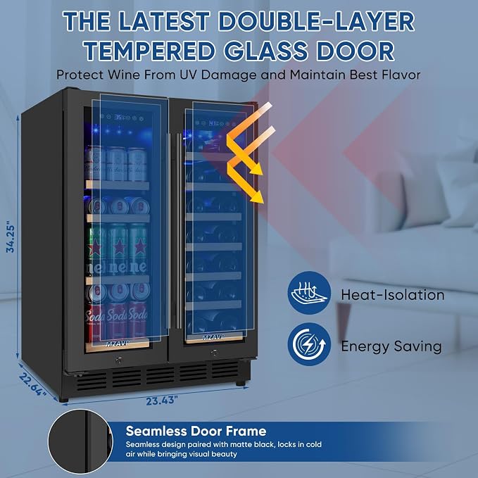 Wine and Beverage Refrigerator 24", Dual Zone Wine & Beverage Cooler with Glass Door and French Door, Built-In/Freestanding Wine and Beer Fridge Holds 21 Bottles & 88 Cans for Home/Bar - Black - Image 7