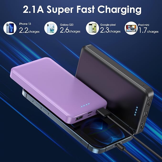 [2 Pack] Portable Charger Power Bank 10000mAh,Ultra Slim Compact External Battery Pack with USB C Input & Dual USB Outputs Backup Charger Compatible with iPhone 14,13, Samsung S20,Tablet-Black+Purple - Image 2