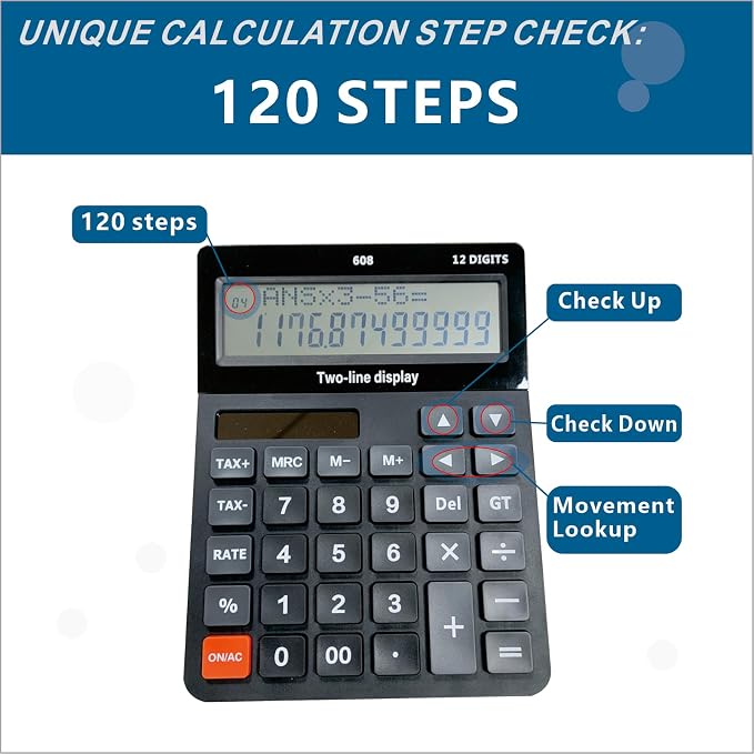 Battery and Solar Unique 120-Step Calculation Check Memory 12 Digit 2 Line - Image 3