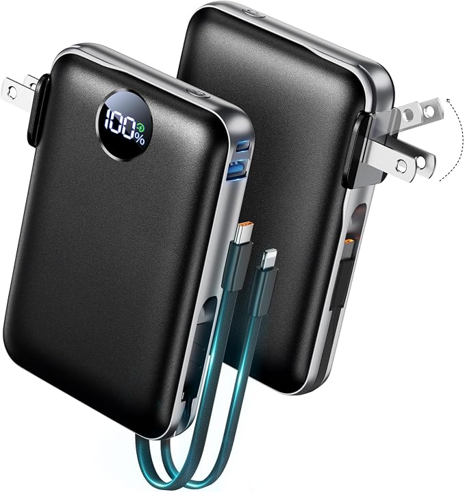 Portable Charger with Built-in Cables & Wall Plug, 10000mAh Power Bank, 4 Outputs 22.5W USB C Fast Charging, Slim Travel Battery Pack with LED Display for iPhone 17/16/15/14, Black by Unknown