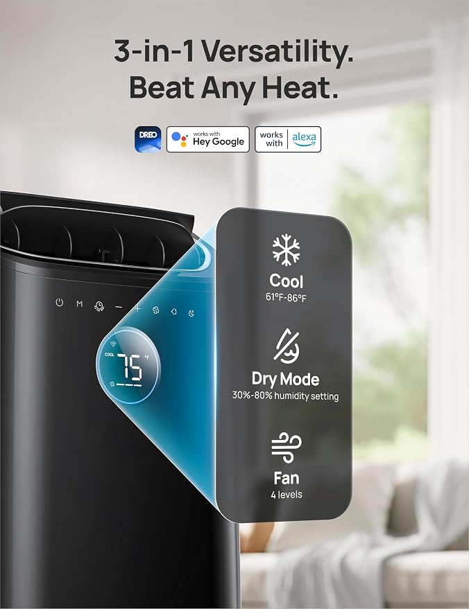 DREO Portable Air Conditioners, 8000 BTU (DOE) AC Unit for Bedroom with Drainage-free Cooling, 3-in-1 with Fan & Dehumidifier, Touch/APP/Voice/Remote, 24h Timer, Smart Floor AC for Room Indoors - Image 7