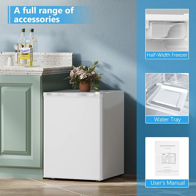 COWSAR 2.6 Cu.Ft Mini Fridge with Freezer for Bedroom Office, White | Single Reversible Door, 7 Temperature Settings, Energy Saving, 2 Removable Shelves, Compact Small Fridge for Apartment Dorm - Image 7