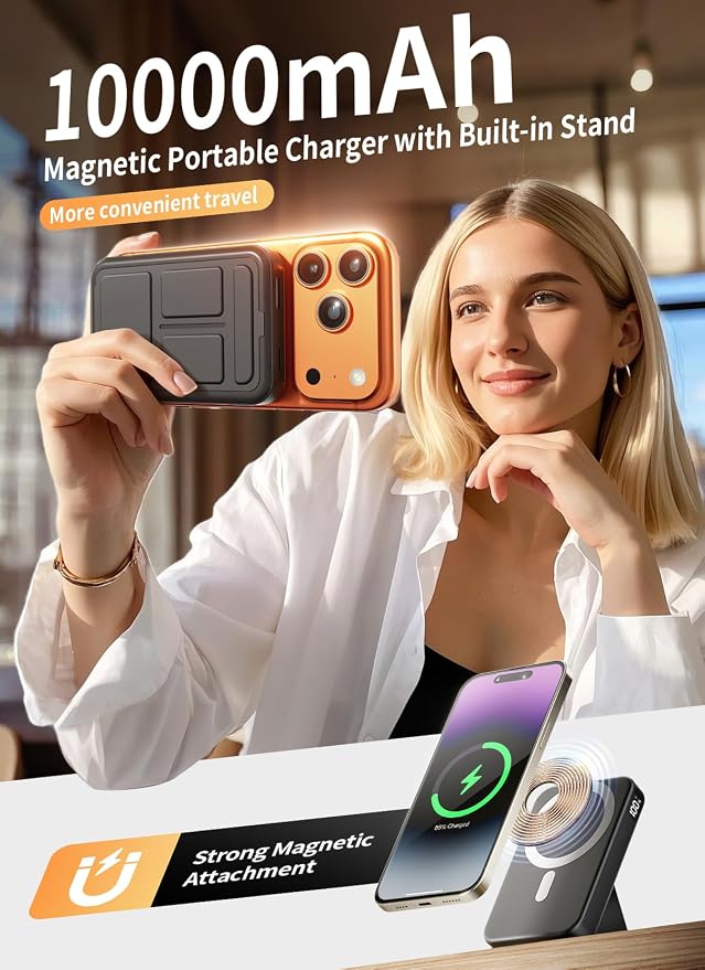 Magnetic Portable Charger, 10000mAh Power Bank Compatible with MagSafe, 20W Fast Charging, Foldable Wireless Battery Pack for iPhone 17/16/15/14 All Series, Travel Essentials - Image 2